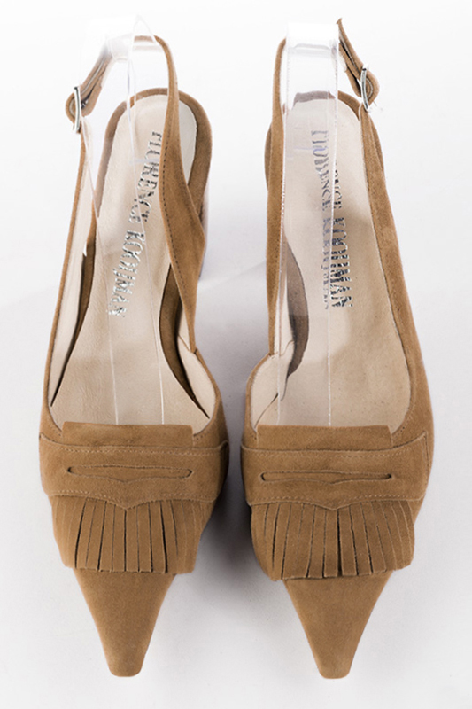 Caramel brown women's slingback shoes. Pointed toe. High block heels. Top view - Florence KOOIJMAN